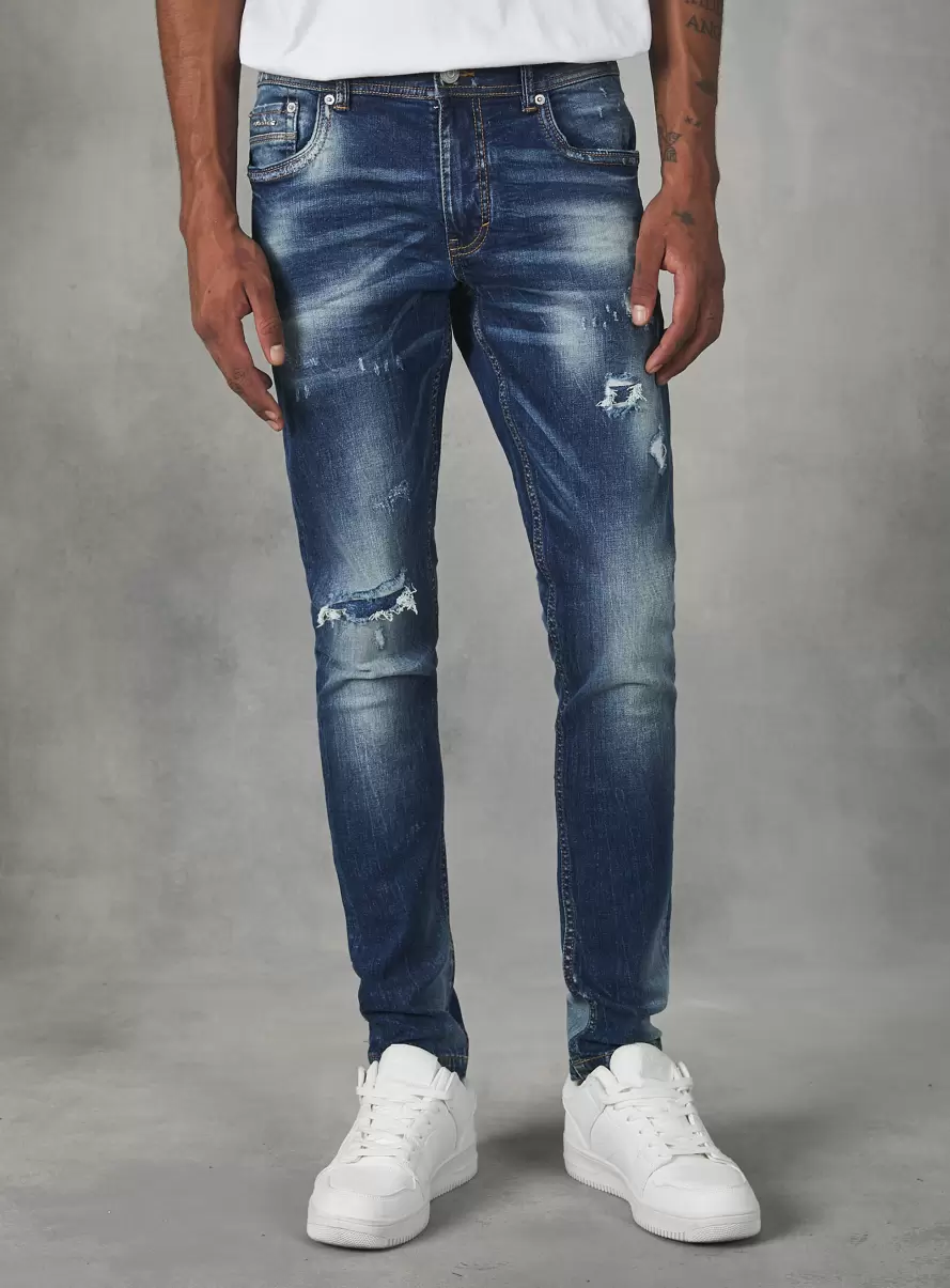 Men Denim Days D002 Medium Dark Blue Super Skinny Jeans With Breaks In Stretch Denim - 1