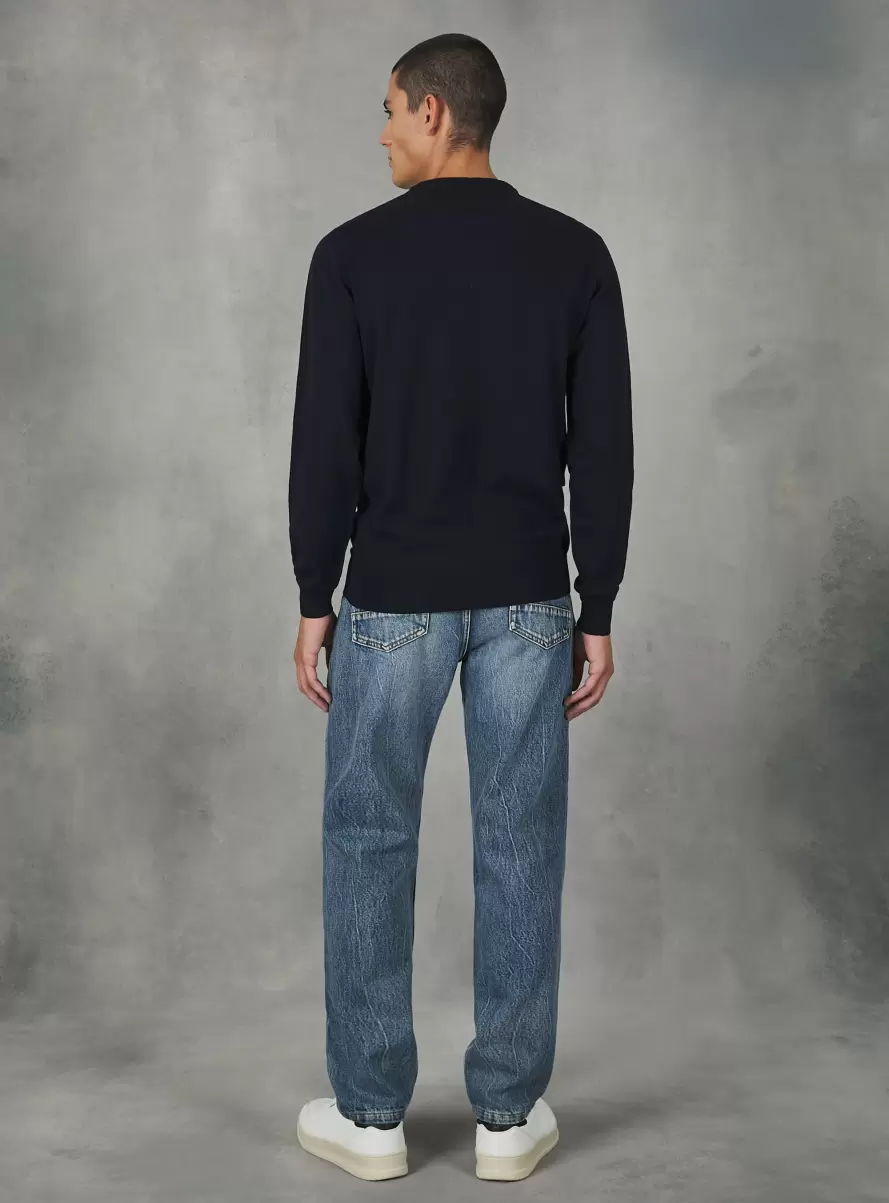 Round-Neck Pullover Made Of Sustainable Viscose Ecovero Na1 Navy Dark Sweaters Men - 3