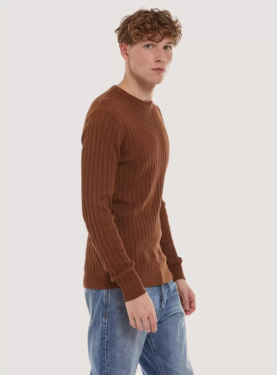 Men Crew-Neck Pullover With Texture Sweaters Tb1 Tobacco Dark - 1