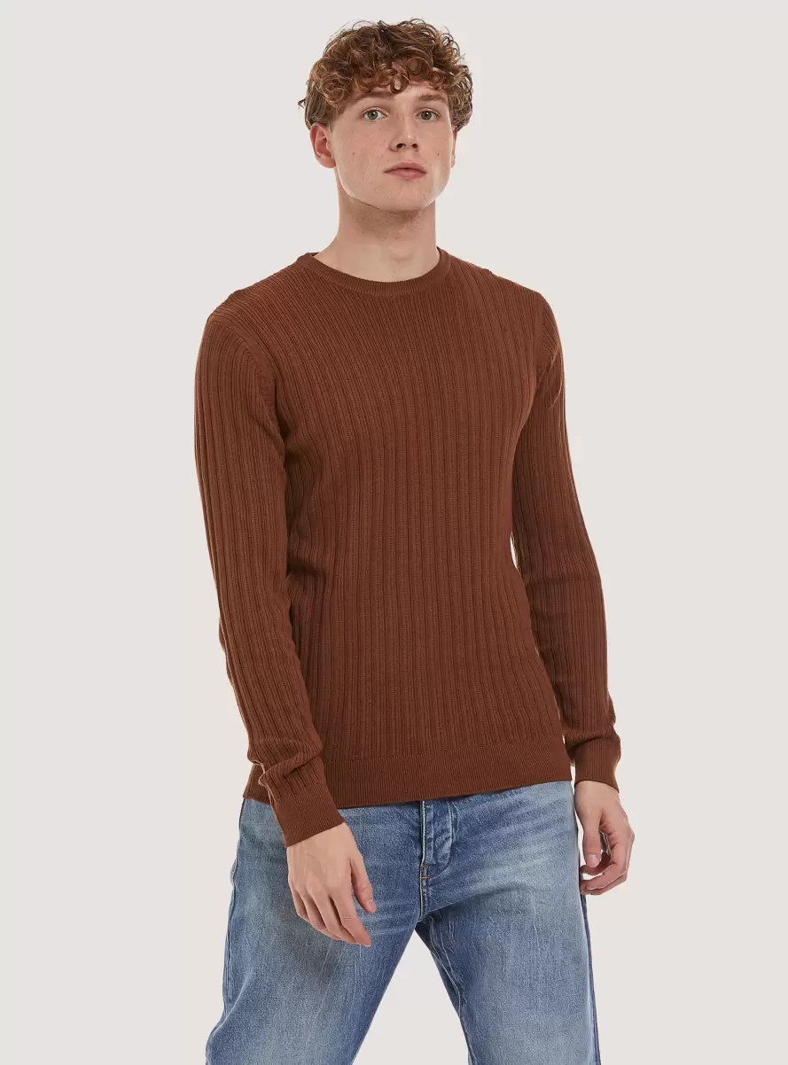 Men Crew-Neck Pullover With Texture Sweaters Tb1 Tobacco Dark