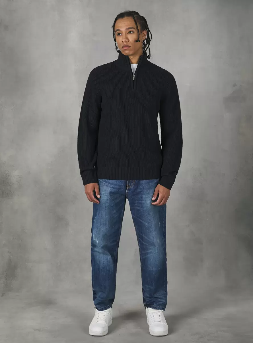 Na1 Navy Dark Sweaters Men High Neck Pullover With Half Zip - 1