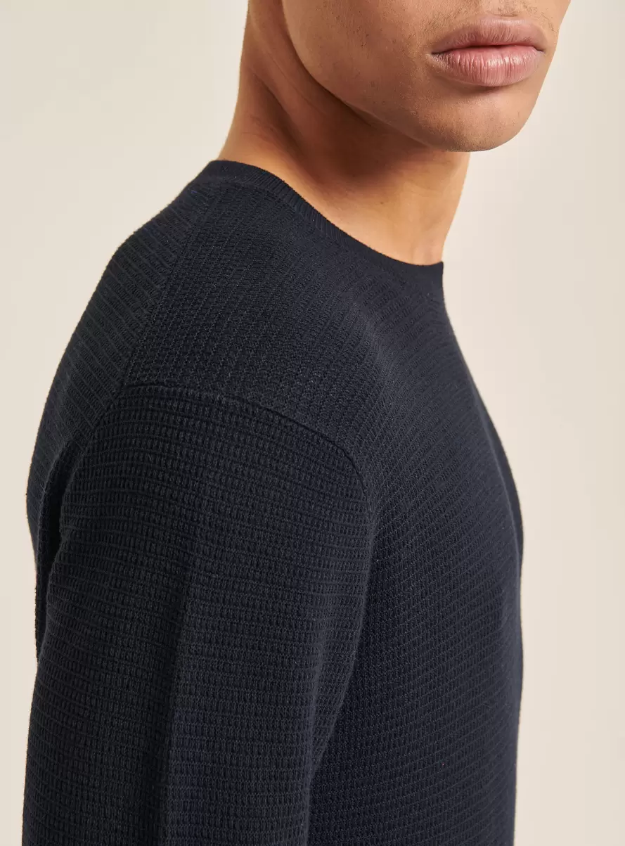 Men Na1 Navy Dark Textured Cotton Crew Neck Pullover Sweaters - 4