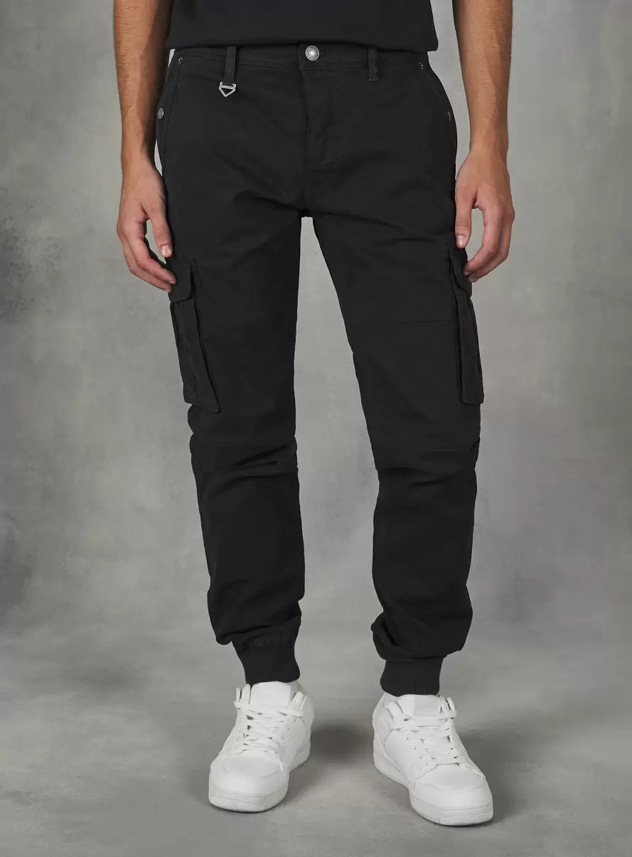 Cotton Cargo Trousers With Elastic Band Bk1 Black Men Trousers - 1