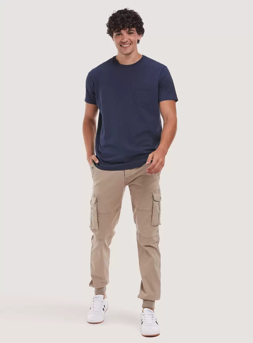 Men Bg3 Beige Light Cotton Cargo Trousers With Elastic Band Trousers - 1