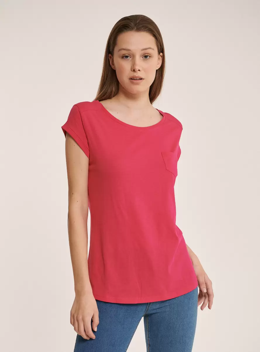 Fuxia Basic Cotton T-Shirt With Breast Pocket Women T-Shirt - 1