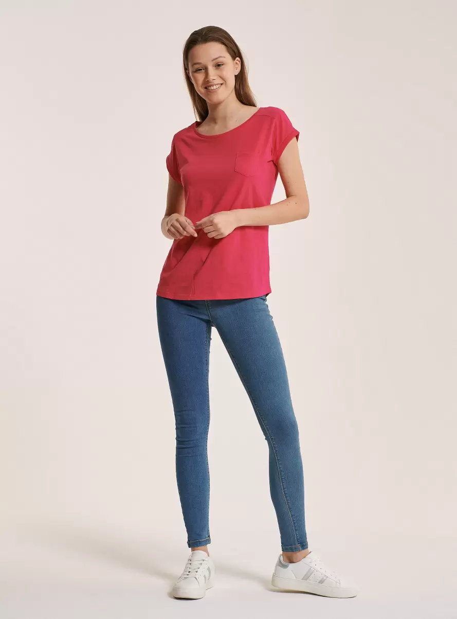 Fuxia Basic Cotton T-Shirt With Breast Pocket Women T-Shirt