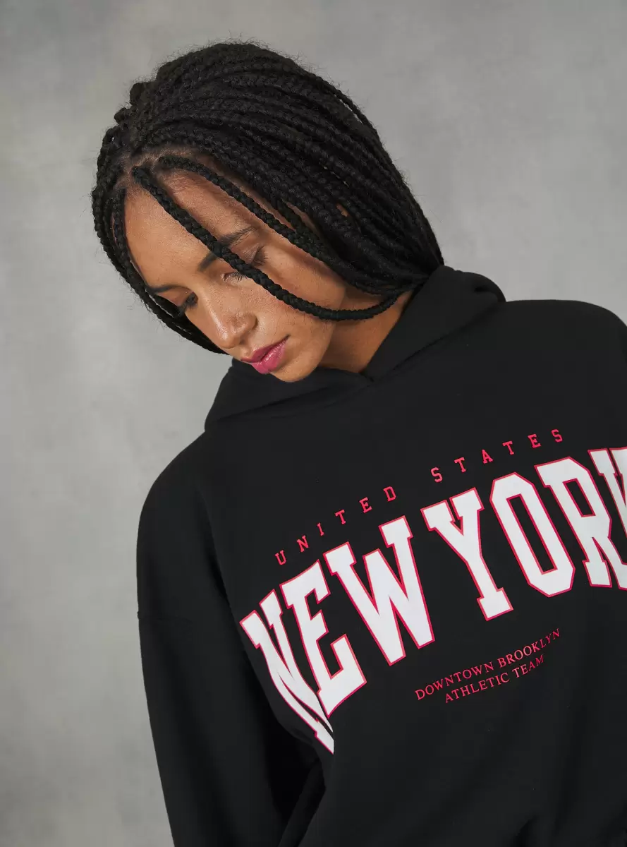 Sweatshirts Bk1 Black Women Cropped College Sweatshirt With Drawstring At Hem - 2
