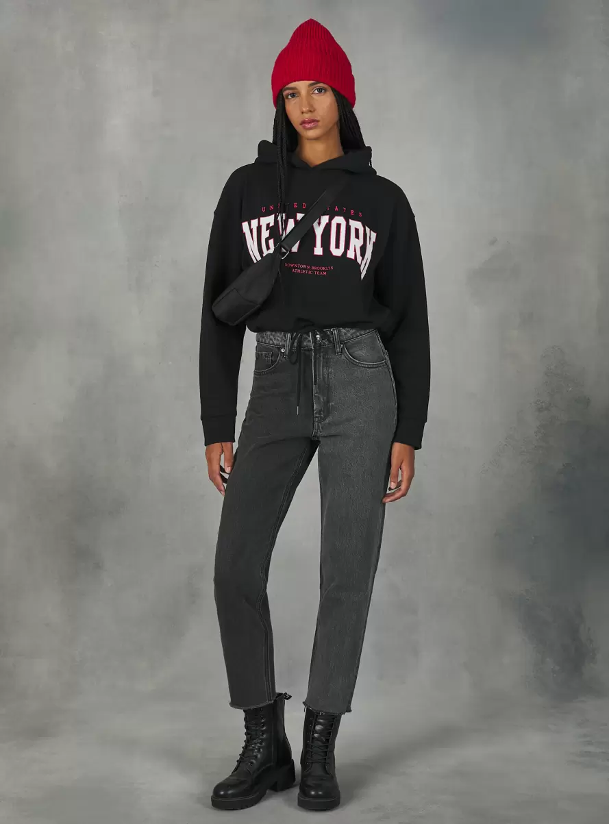 Sweatshirts Bk1 Black Women Cropped College Sweatshirt With Drawstring At Hem