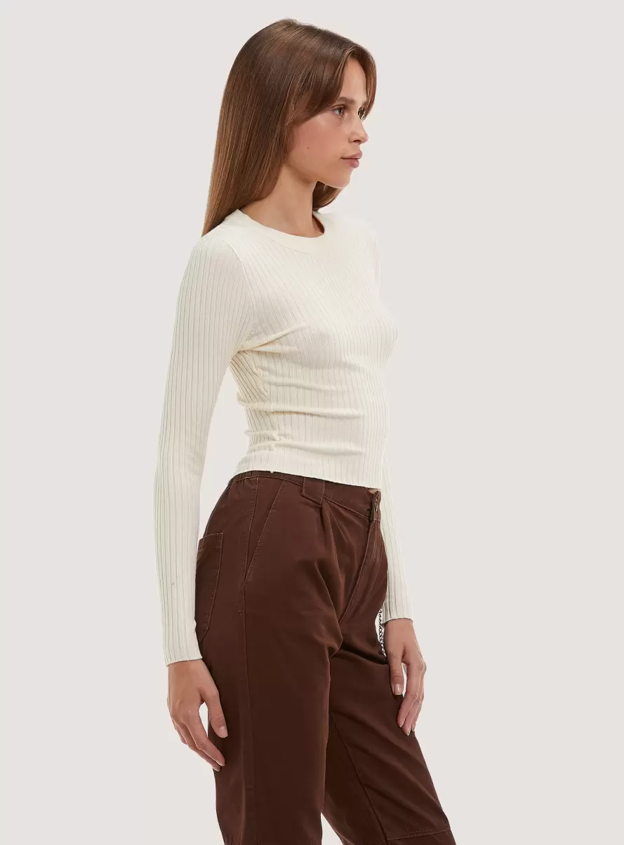 Sweaters Soft Cropped Ribbed Stretch Pullover Women Wh1 Off White - 1