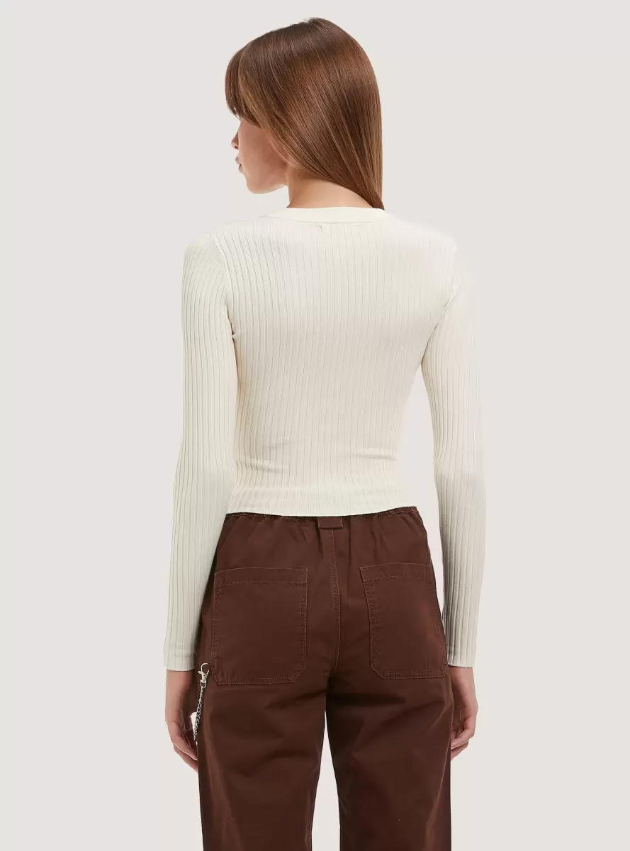 Sweaters Soft Cropped Ribbed Stretch Pullover Women Wh1 Off White - 2