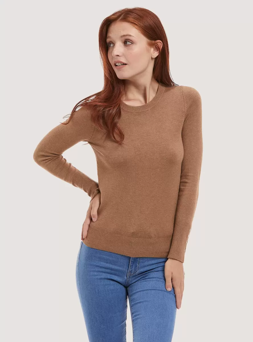 Round-Neck Pullover With Buttons On Sleeve Mbg3 Beige Mel Light Women Sweaters - 1