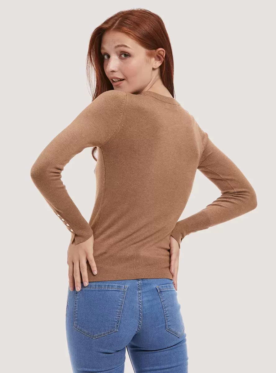 Round-Neck Pullover With Buttons On Sleeve Mbg3 Beige Mel Light Women Sweaters - 2
