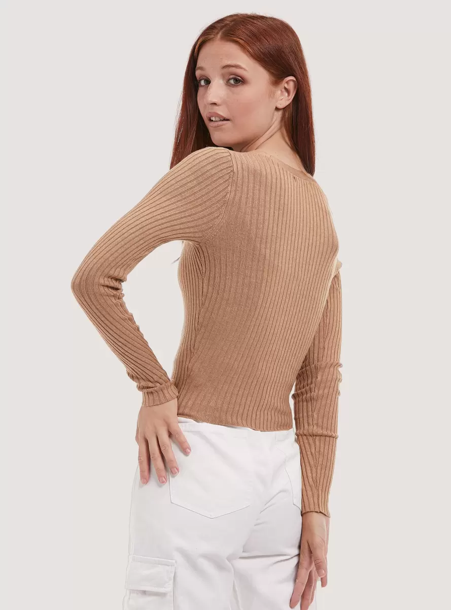Ribbed Cropped Cardigan Pullover Sweaters Mbg2 Beige Mel Med Women - 2