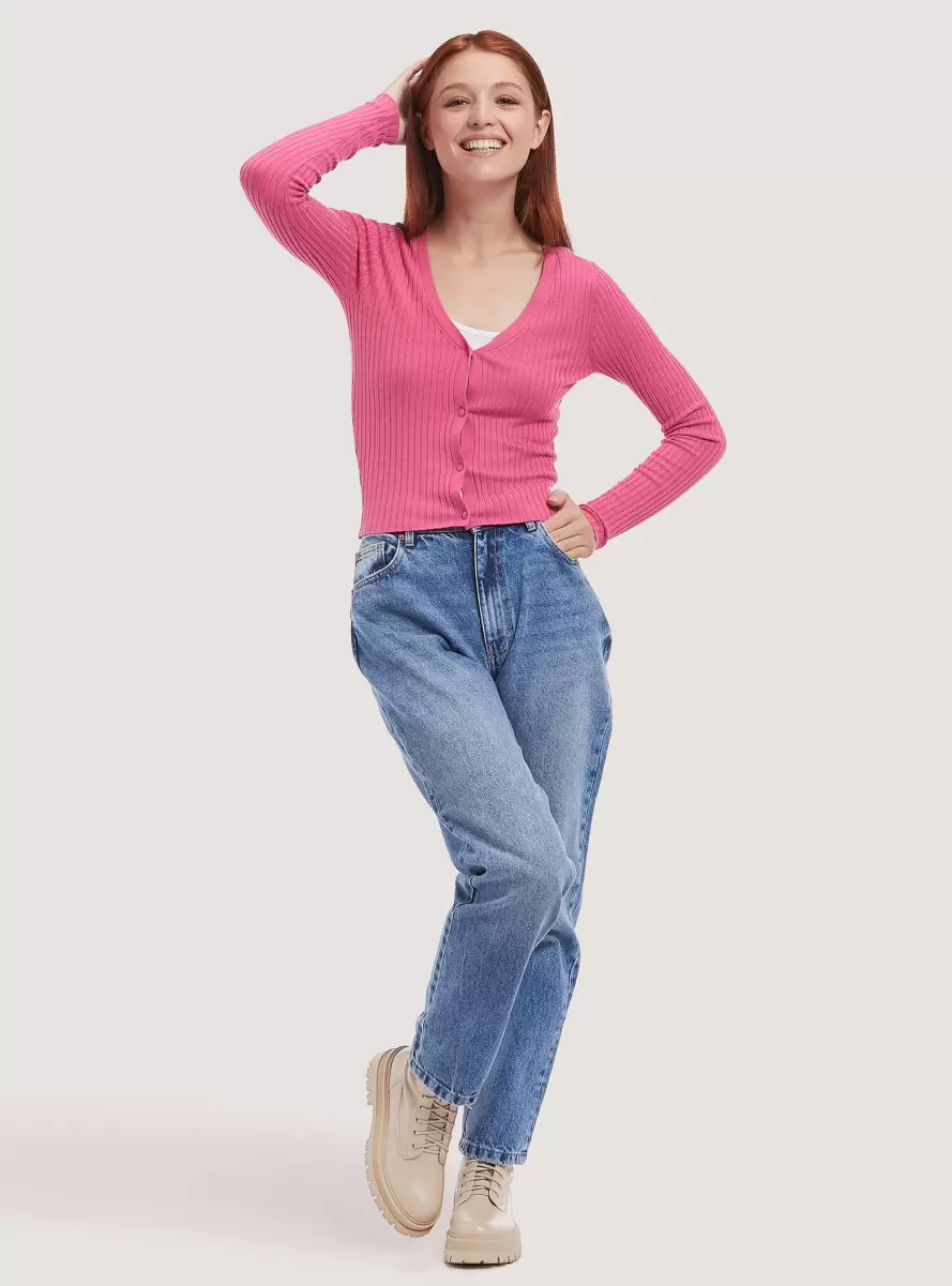 Ribbed Cropped Cardigan Pullover Mpk1 Pink Mel Dark Sweaters Women - 1