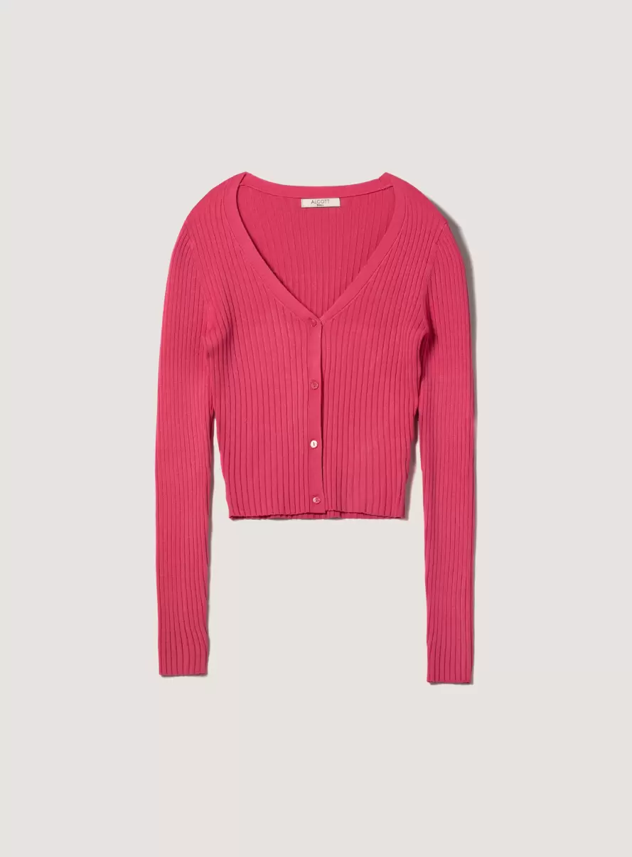 Ribbed Cropped Cardigan Pullover Mpk1 Pink Mel Dark Sweaters Women - 3