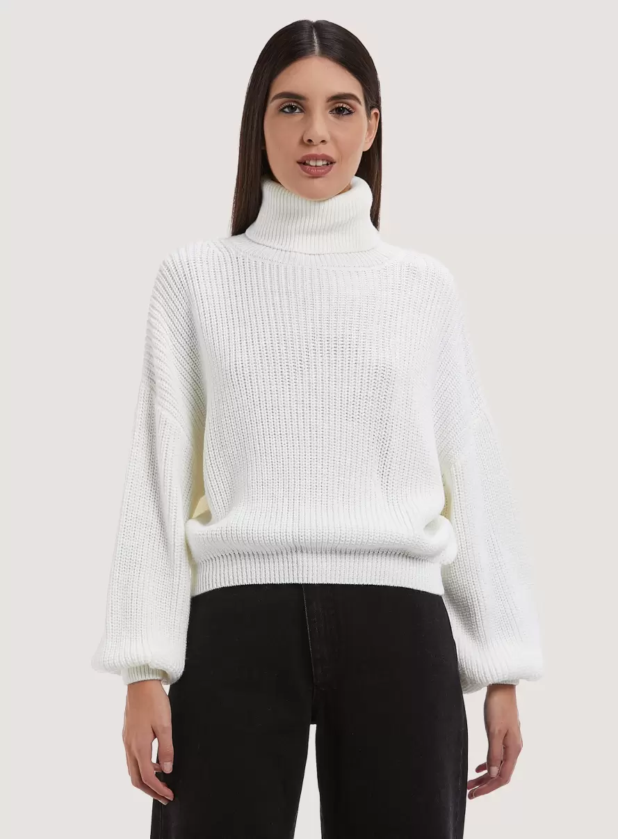 High-Necked Comfort Fit English Rib Pullover White Sweaters Women - 1