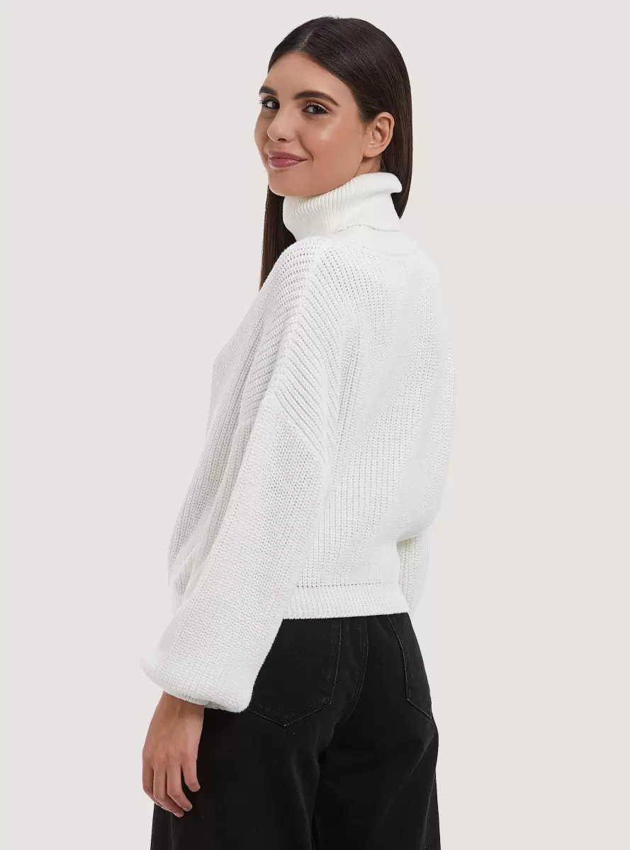 High-Necked Comfort Fit English Rib Pullover White Sweaters Women - 2