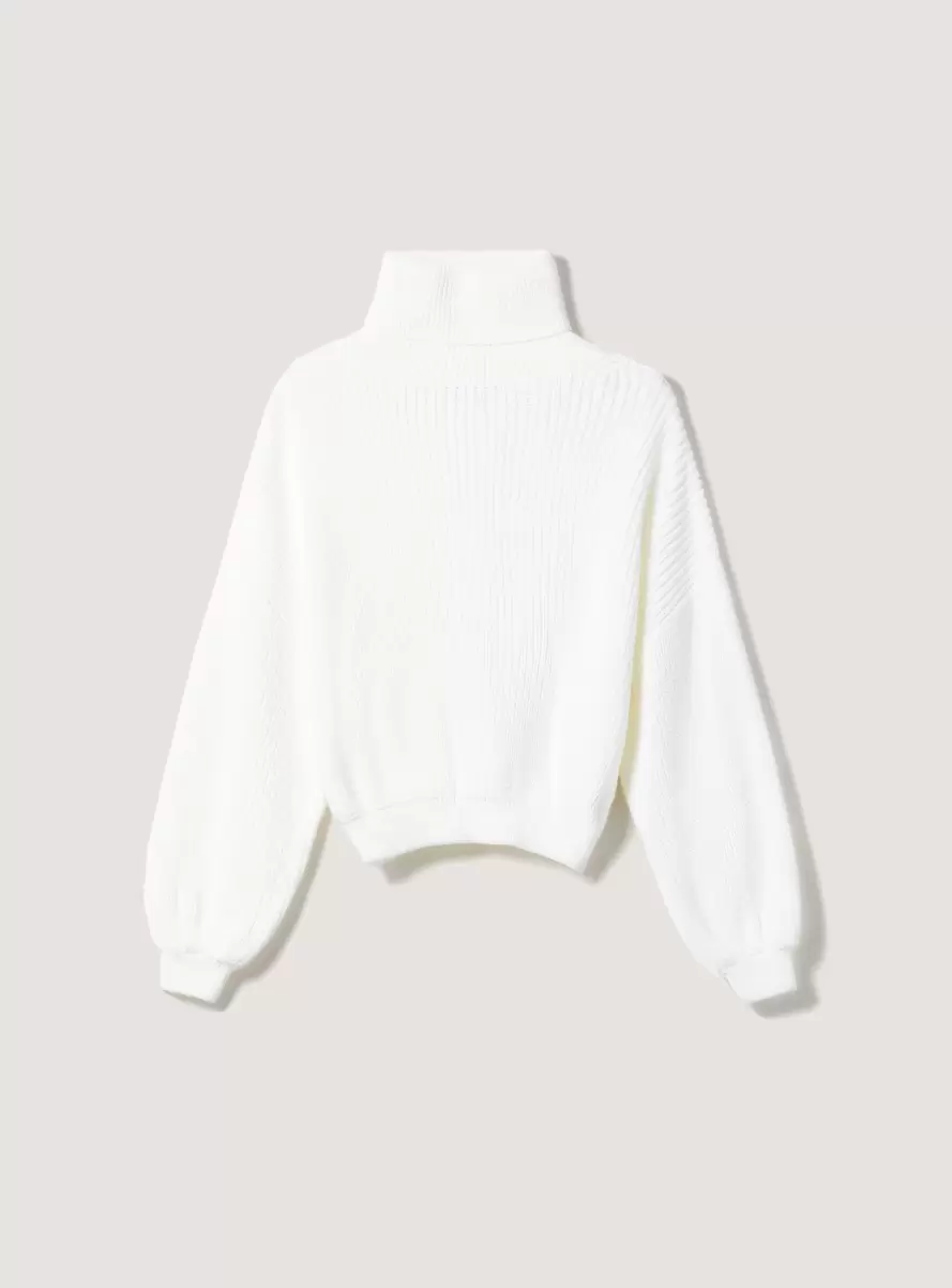 High-Necked Comfort Fit English Rib Pullover White Sweaters Women - 3