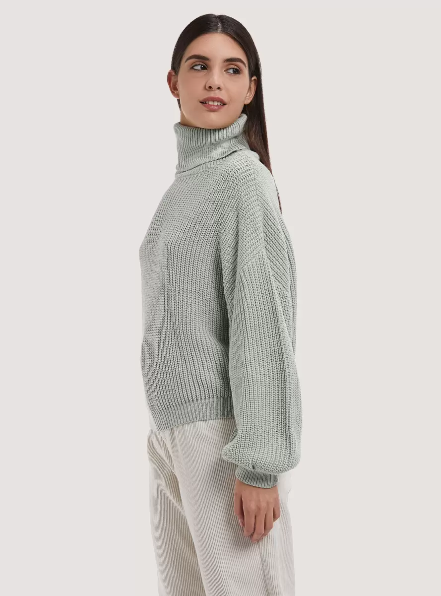 High-Necked Comfort Fit English Rib Pullover C6585 Green Women Sweaters - 2
