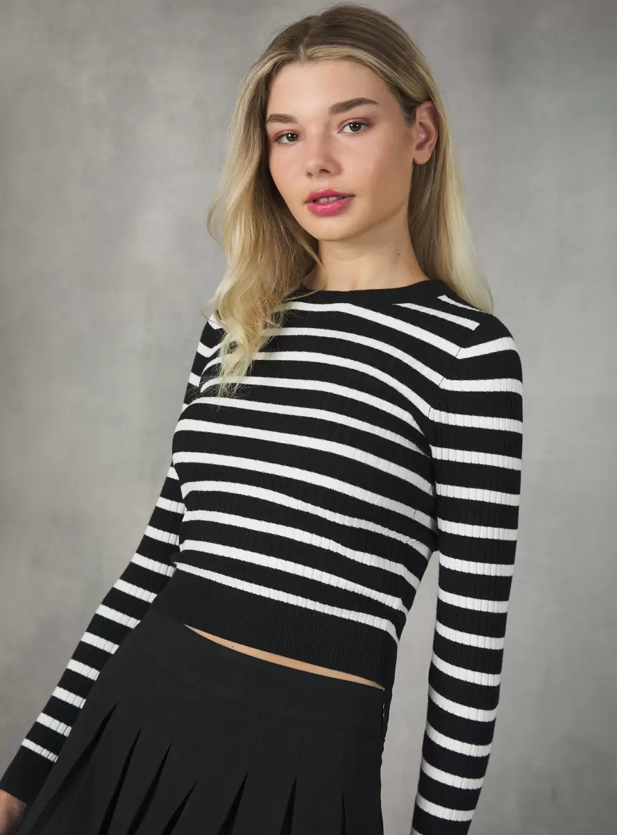 Sweaters Bk1 Black Women Ribbed Striped Pullover - 2