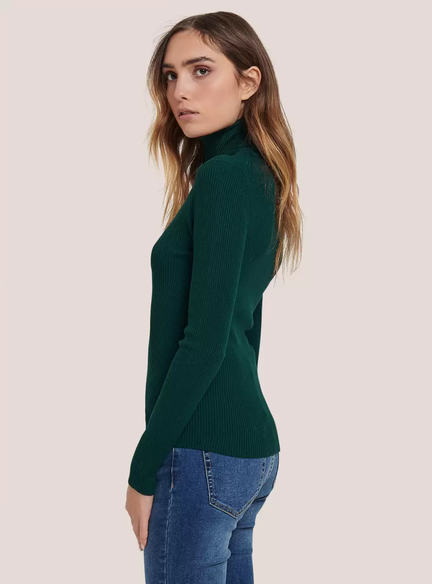 Green Sweaters Ribbed Turtleneck Pullover Women - 2