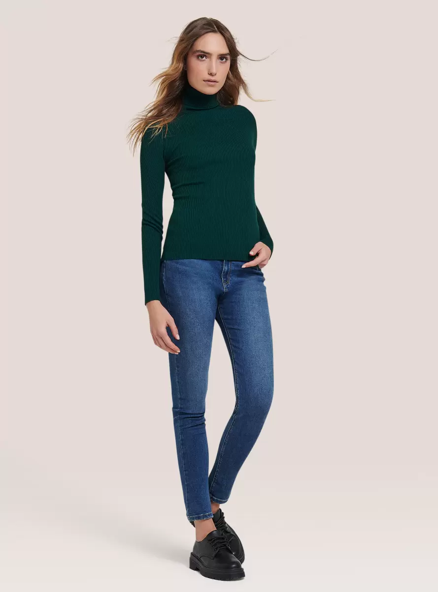 Green Sweaters Ribbed Turtleneck Pullover Women