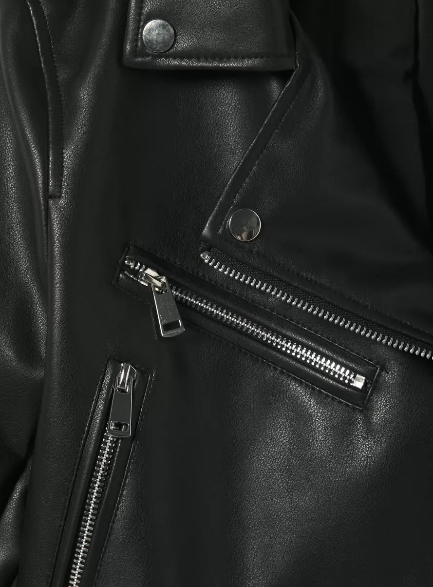 Leather-Effect Biker Jacket Bk1 Black Women Jackets - 5