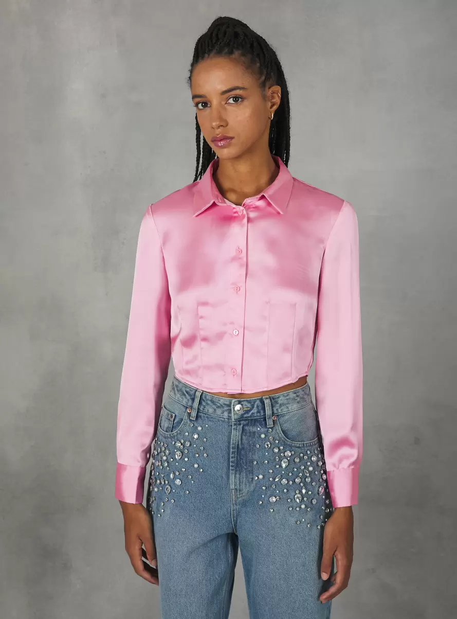 Pk2 Pink Medium Shirts And Blouse Women Cropped Satin Shirt With Darts - 1