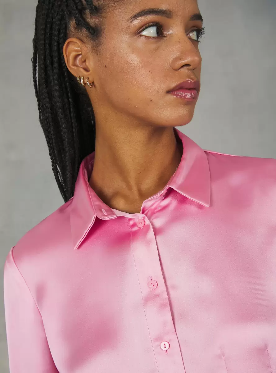 Pk2 Pink Medium Shirts And Blouse Women Cropped Satin Shirt With Darts - 2