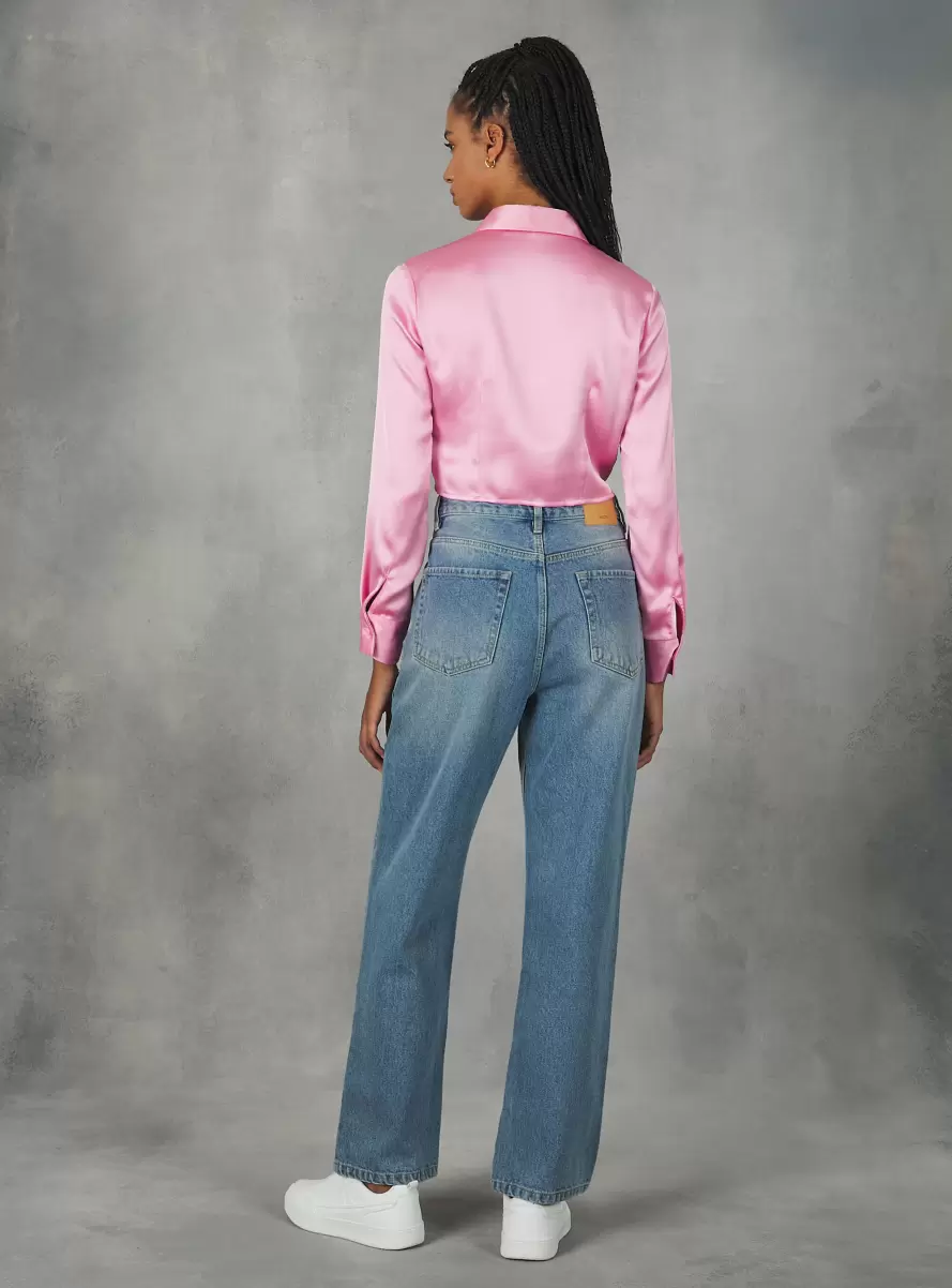 Pk2 Pink Medium Shirts And Blouse Women Cropped Satin Shirt With Darts - 3