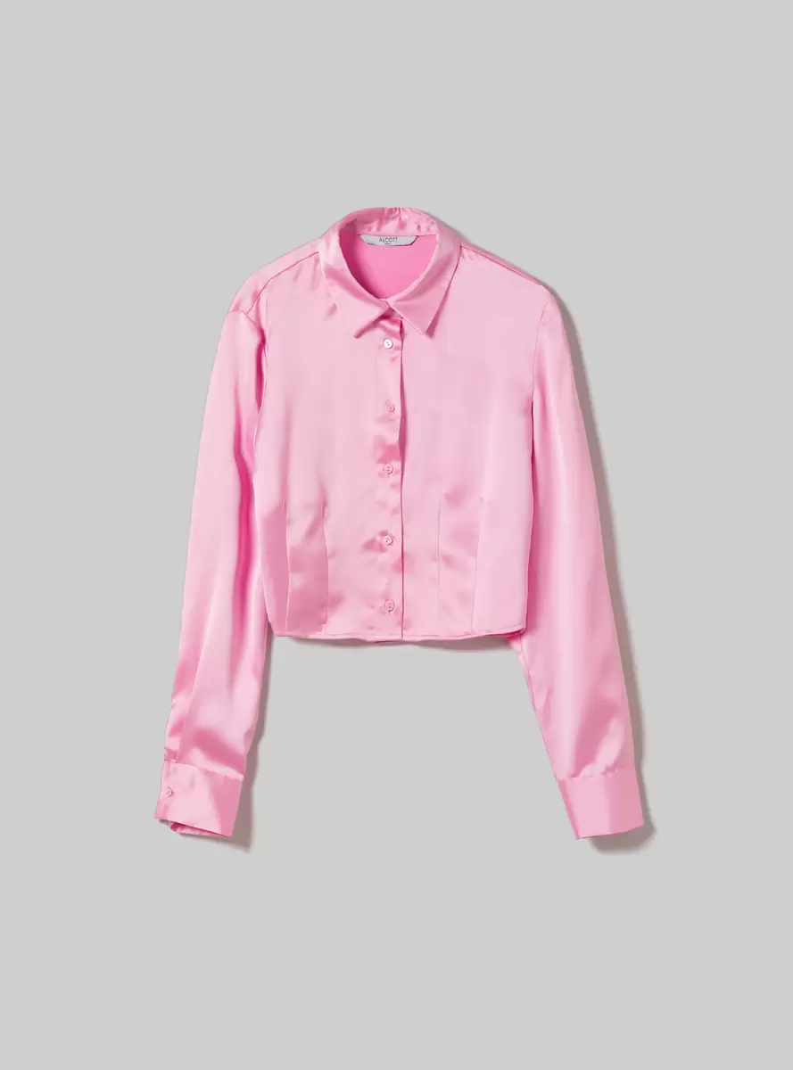 Pk2 Pink Medium Shirts And Blouse Women Cropped Satin Shirt With Darts - 4