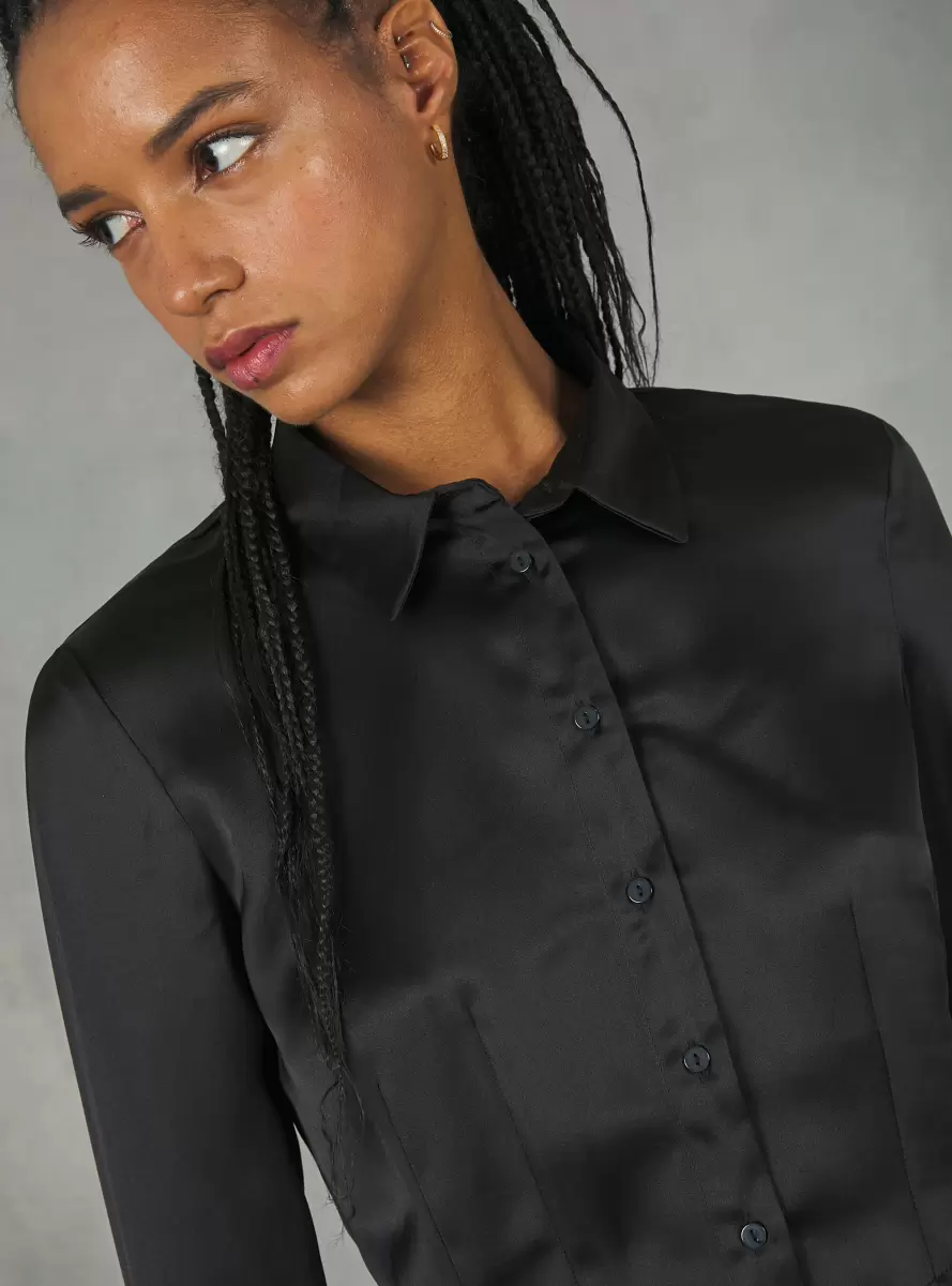 Bk1 Black Shirts And Blouse Women Cropped Satin Shirt With Darts - 2