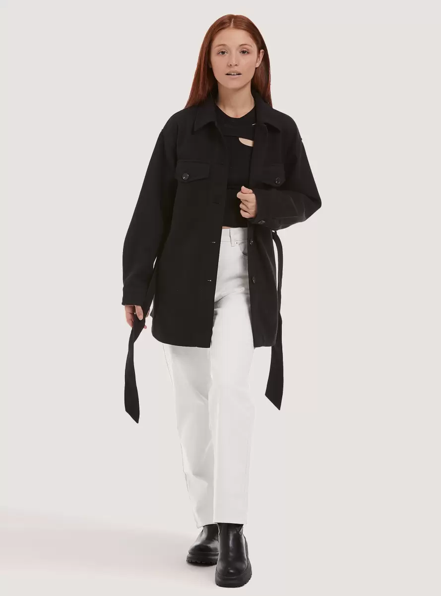 Women Black Shirts And Blouse Oversize Soft Touch Shirt Jacket With Belt - 1