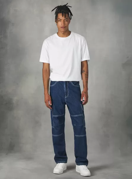 Men D001 Deep Blue Cargo Jeans With Contrast Stitching Denim Days