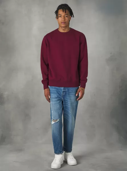 Men Sweatshirts Bo1 Bordeaux Dark Plain-Coloured Crew-Neck Sweatshirt