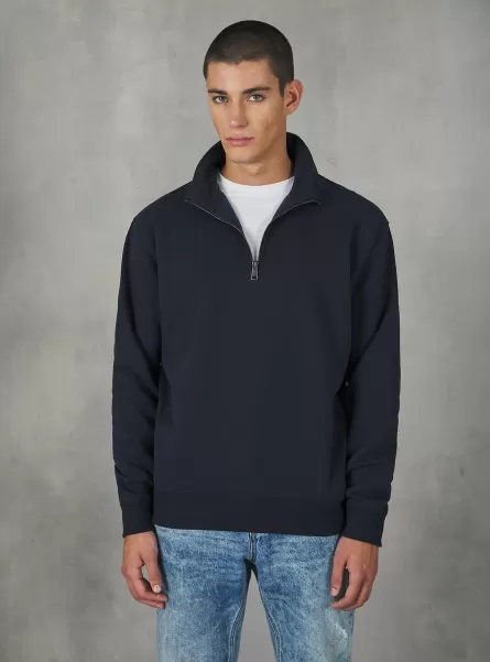Na1 Navy Dark Men Sweatshirts Plain-Coloured Half-Neck Sweatshirt