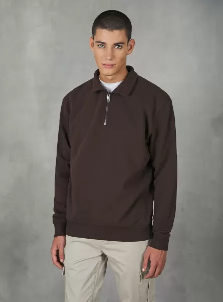 Plain-Coloured Half-Neck Sweatshirt Sweatshirts Men Br1 Brown Dark