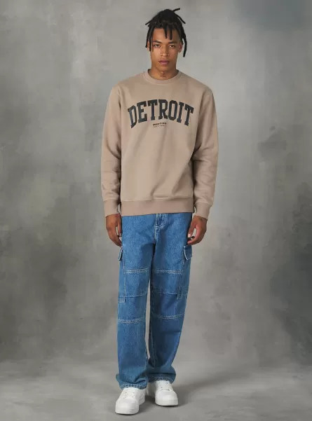 Sweatshirts Bg1 Beige Dark Men Round-Neck Sweatshirt With College Print