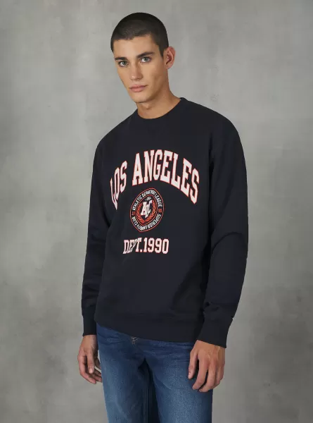 Na1 Navy Dark Sweatshirts Men Crew-Neck Sweatshirt With College Print