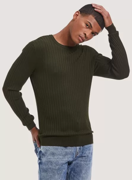 Solid-Coloured Ribbed Crew-Neck Pullover Men Sweaters Ky1 Kaky Dark