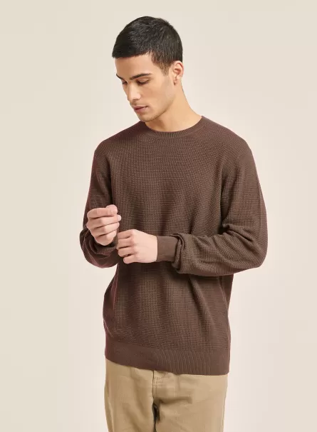 Br3 Brown Light Textured Cotton Crew Neck Pullover Men Sweaters