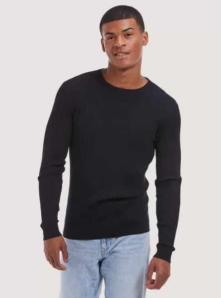 Sweaters Na1 Navy Dark Solid-Coloured Ribbed Crew-Neck Pullover Men