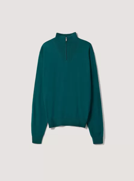 Gn2 Green Medium Men Merino Wool Zip Half-Neck Pullover Sweaters