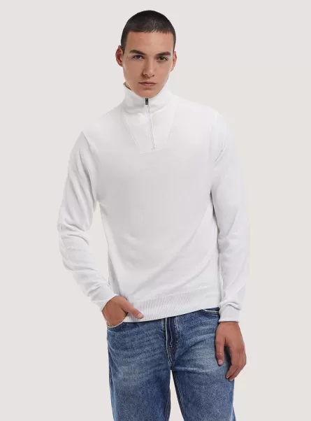 Wh2 White Merino Wool Zip Half-Neck Pullover Men Sweaters