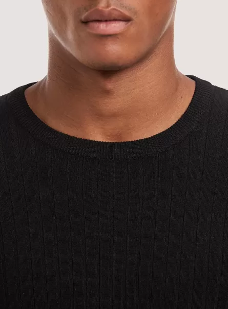 Sweaters Men Solid-Coloured Ribbed Crew-Neck Pullover Bk1 Black