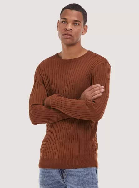 Men Sweaters Solid-Coloured Ribbed Crew-Neck Pullover Tb1 Tobacco Dark