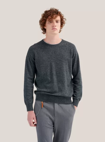 Sweaters Men Grey Melange Round Neck Sweater With Contrasting Border