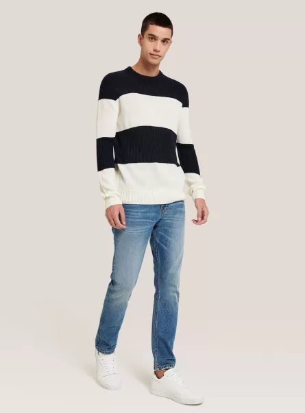 Crew-Neck Pullover In Striped English Ribbing Blue Navy Sweaters Men
