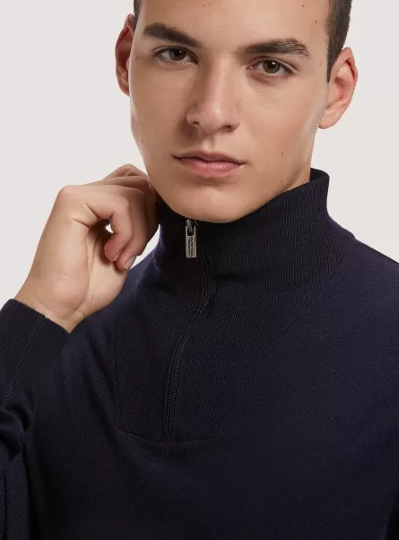 Na1 Navy Dark Men Sweaters Merino Wool Zip Half-Neck Pullover