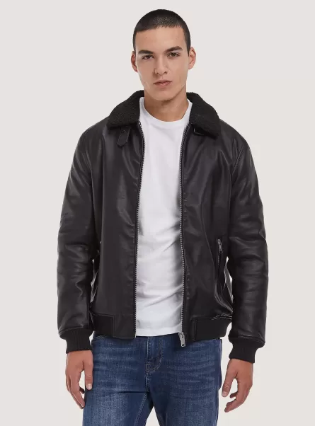 Jackets Black Men Leather-Effect Bomber Jacket With Lambskin Collar